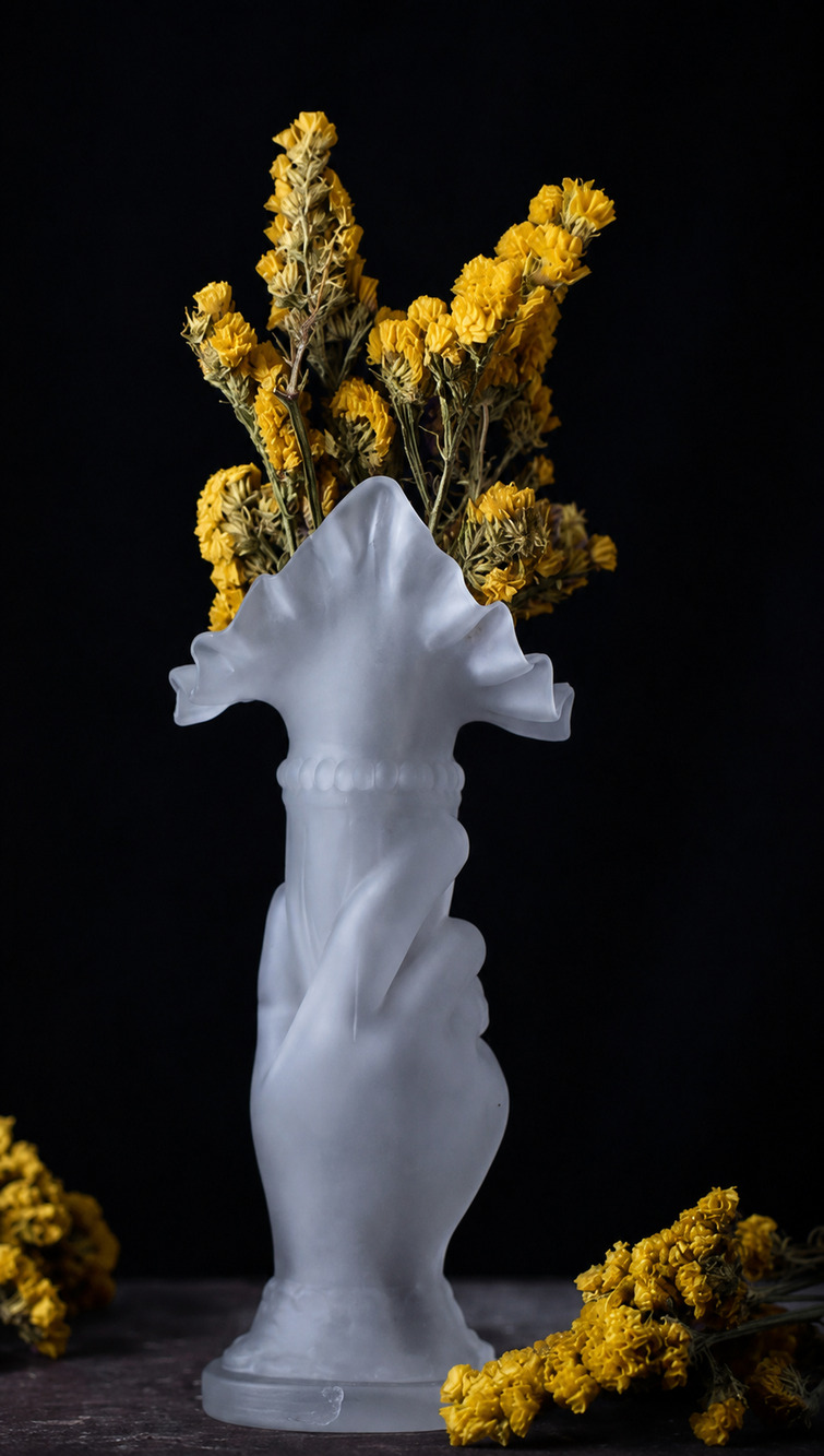 Vintage Style Frosted Glass Hand Cornucopia Jack-in-the-Pulpit Vase 9" MCM